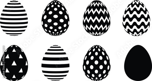 Black and white Easter egg vector set, abstract geometric patterns, holiday decoration, striped, dotted, zigzag, wavy, triangle, minimal, modern, festive design