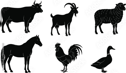 Farm animal silhouette vector set, black profile icons, cow, goat, sheep, horse, rooster, duck, livestock illustration, agriculture, rural design