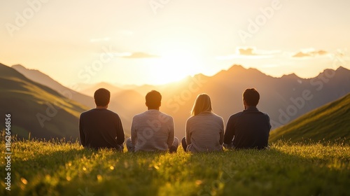 Four people sit on a grassy hill, watching a beautiful mountain sunset together in peaceful silence.