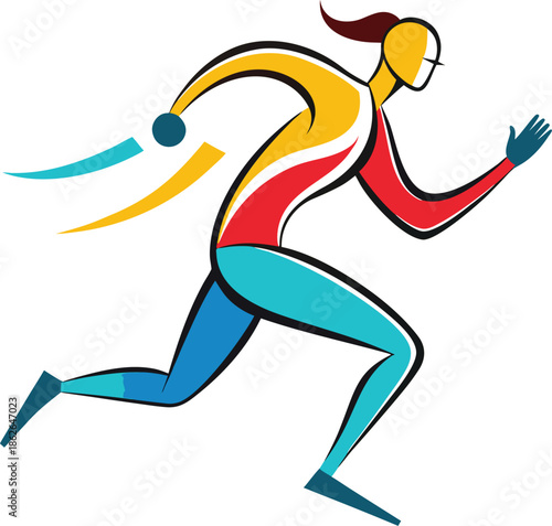Dynamic colorful abstract female athlete running in stylized vector illustration for sports and fitness branding