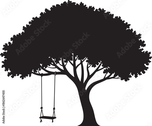 Tree with Swing Silhouette – Swinging Tree Vector Black on White”