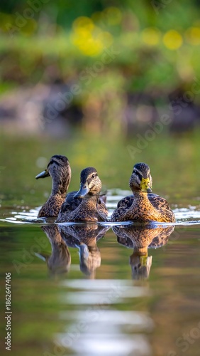 Three Mallard Ducks Swimming Calmly in a Serene Pond.