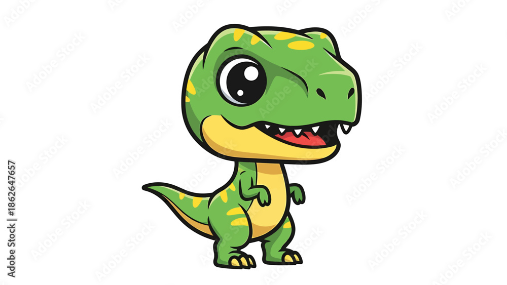 Fototapeta premium Adorable Cartoon Tyrannosaurus Rex with Big Eyes and Yellow Spots.