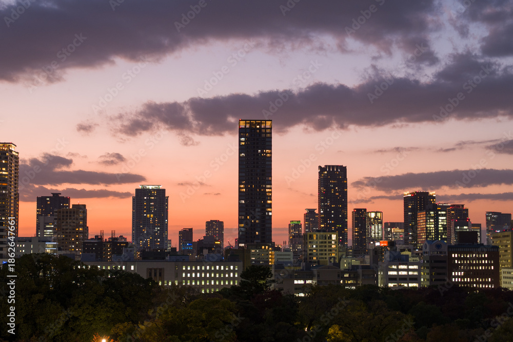 Obraz premium Urban skyline of Osaka with illuminated high-rise towers and office buildings under a vivid orange and purple sunset sky. The foreground features dark treetops, creating a striking contrast with the