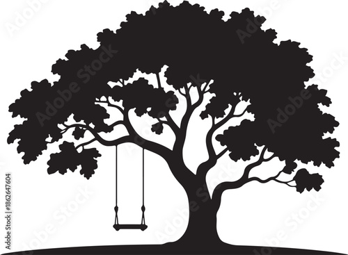 Tree with Swing Silhouette – Swinging Tree Vector Black on White”