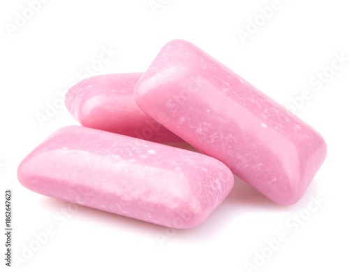 Three Pieces of Pink Bubble Gum on a White Background.
