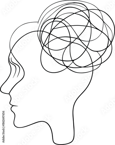 Mental health anxiety and tangled thoughts concept silhouette line art vector illustration for psychology and confusion design projects