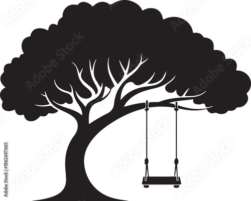 Tree with Swing Silhouette – Swinging Tree Vector Black on White”