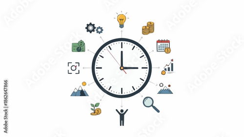 Time Management and Productivity Clock with Business Icons.
