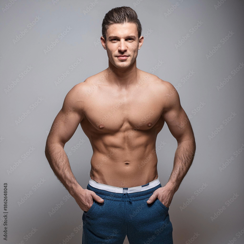 Fototapeta premium 鍛え上げられた、腹筋が割れている断線のお腹。筋肉がついている。シックスパッド。正面を向いている。
