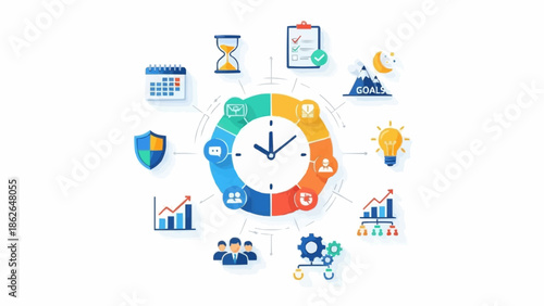 Time Management and Productivity Cycle Illustration with Clock and Icons.
