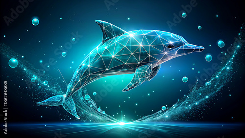 Geometric Dolphin in Futuristic Neon Blue with Glowing Lines and Bubbles in Dark Background for Technology Branding