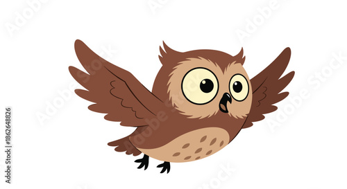 Adorable wide-eyed cartoon owl with its brown wings spread wide as if soaring through the air on a clean white background.