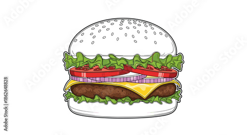 Delicious classic cheeseburger illustration featuring a juicy patty, melted cheese, lettuce, tomato, onion, and a sesame seed bun.