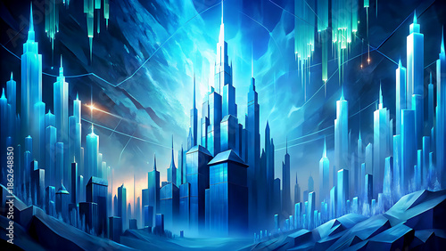 Futuristic Cityscape in Neon Blue with Cyberpunk Architecture and Glowing Skyscrapers in Dark Fantasy Lighting for Technology Background