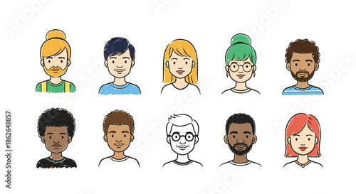 Diverse set of ten cartoon avatars featuring people with different hairstyles, skin tones, and clothing for social media.