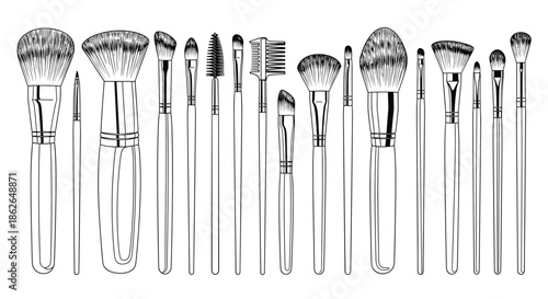 Comprehensive set of black and white illustrations featuring various makeup brushes for professional beauty and cosmetic use.