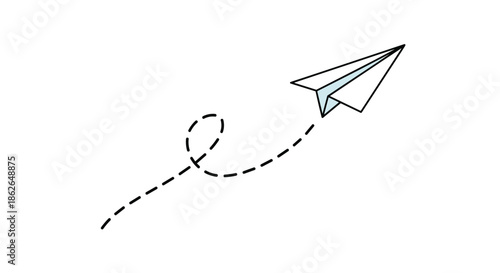 Simple illustration of a white paper airplane soaring upwards with a dashed line path representing travel and creativity.