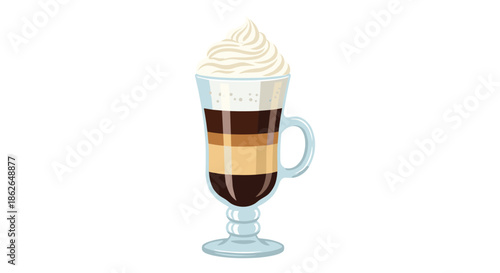 Elegant single glass of layered coffee topped with a generous swirl of whipped cream for sophisticated cafe menu designs.