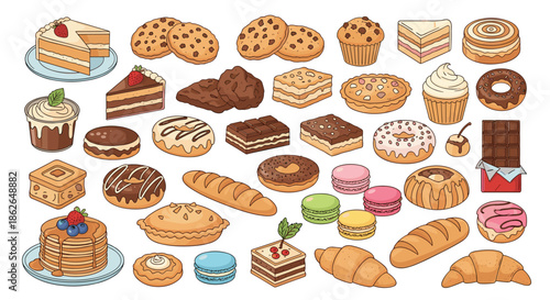 Comprehensive collection of hand-drawn cookies, cakes, pastries, donuts, and breads perfect for bakery and cafe branding.