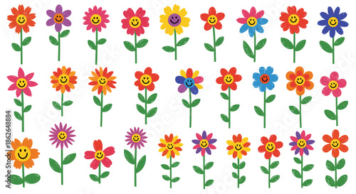 Cheerful hand-drawn flowers with bright colors and happy smiling faces arranged in a neat grid pattern for a whimsical design.
