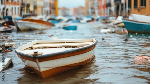 A flooded urban street with boats floating among debris and buildings on both sides.