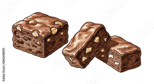 Rich chocolate brownies with nut pieces and fudgy texture illustrated in a detailed hand-drawn style on a plain white background.