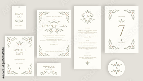 Printed set of wedding cards in a classic design.