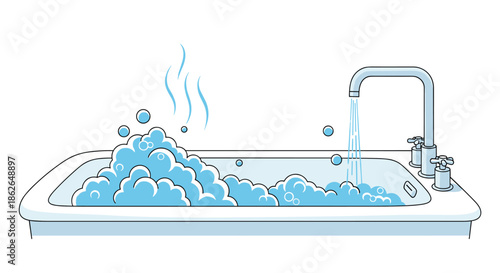 Relaxing bathtub scene with an abundance of blue soapy bubbles and rising steam from a modern tap in a minimalist vector style.