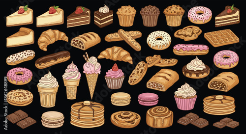 Extensive set of various dessert icons like cakes, muffins, donuts, and ice cream displayed against a solid black background.