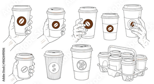 Series of sketches showing human hands holding disposable coffee cups and various cup designs for coffee shop branding.