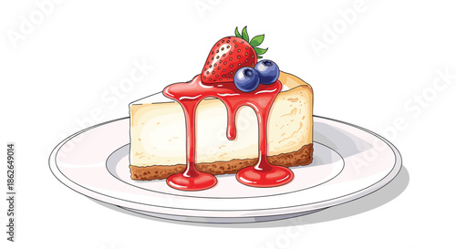Creamy slice of cheesecake on a white plate drizzled with red fruit sauce and topped with a fresh strawberry and blueberries.