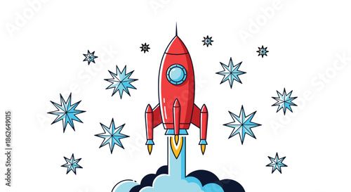 Red rocket ship launching into outer space surrounded by twinkling stars and soft white clouds for a sci-fi adventure theme.