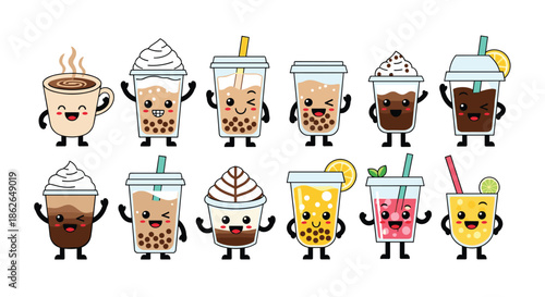 Collection of adorable kawaii-style bubble tea, coffee, and fruit drink characters with happy faces and tiny arms and legs.