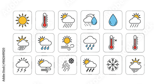 Grid of simple weather icons representing conditions such as sun, clouds, rain, wind, snow, thunder, and temperature on white squares.