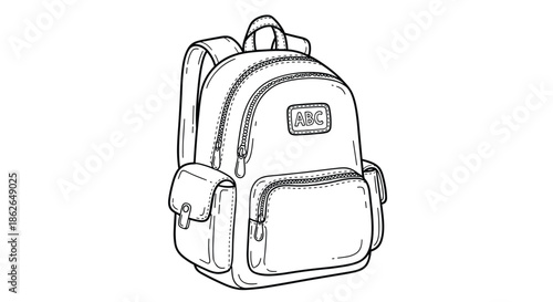 Detailed black and white line art illustration of a school backpack with several pockets and a patch featuring the letters abc.