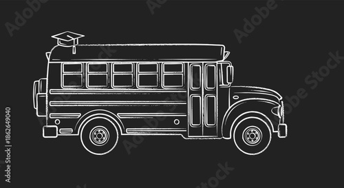 White line drawing on a dark background showing a classic school bus with a graduation cap resting on its roof.