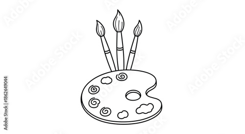 Black and white line drawing of a classic wooden artist palette with three paintbrushes ready for creative work.