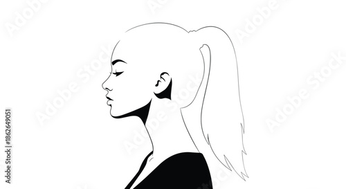 Minimalist black and white silhouette of a woman's head and neck in profile featuring a high ponytail hairstyle.