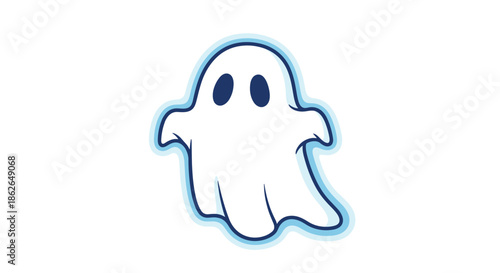 Adorable cartoon ghost with a blue outline and large dark eyes floating against a plain white background for a spooky halloween theme.