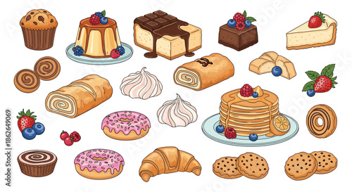 Comprehensive collection of dessert illustrations including muffins, donuts, cakes, pancakes, and cookies with fruit toppings.