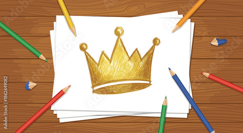Detailed golden crown drawing on a stack of white paper surrounded by several colored pencils on a wooden table surface.