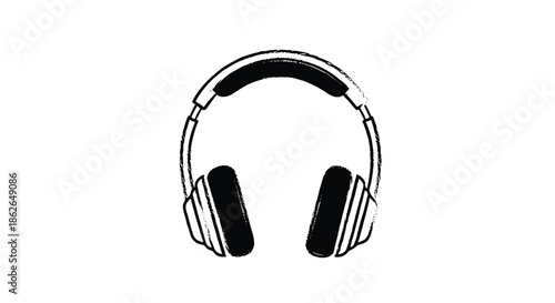Detailed black and white textured illustration of over-ear headphones in a simple sketchy style on a plain white background.