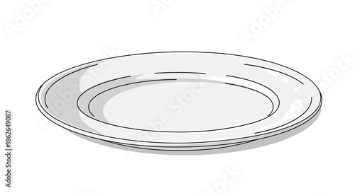 Clean illustration of an empty white ceramic plate with subtle gray shading and black outlines in profile view.