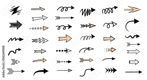 Large variety of hand-drawn sketchy arrows in different styles, directions, and colors including black and beige tones.