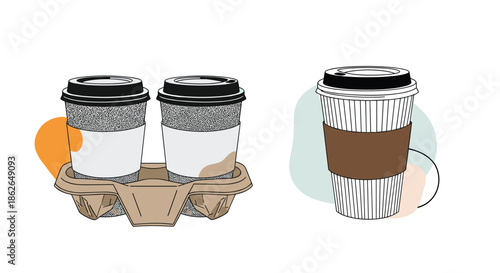 Graphic illustration of two takeaway coffee cups in a cardboard carrier next to a single coffee cup with a sleeve and lid.