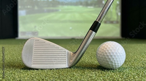 Close up view of a gleaming golf club iron face positioned immediately beside a dimpled white golf ball ready for impact on artificial green turf.