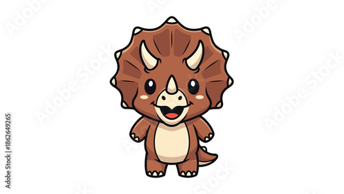 Adorable Cartoon Triceratops Dinosaur Standing Upright and Smiling.