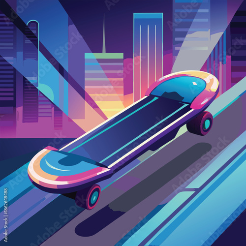 Futuristic neon skateboard in synthwave cyberpunk city background retro 80s style vector illustration