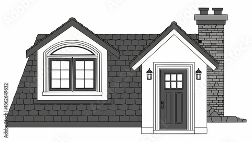 Architectural Drawing of a House Facade with Dormer and Chimney.